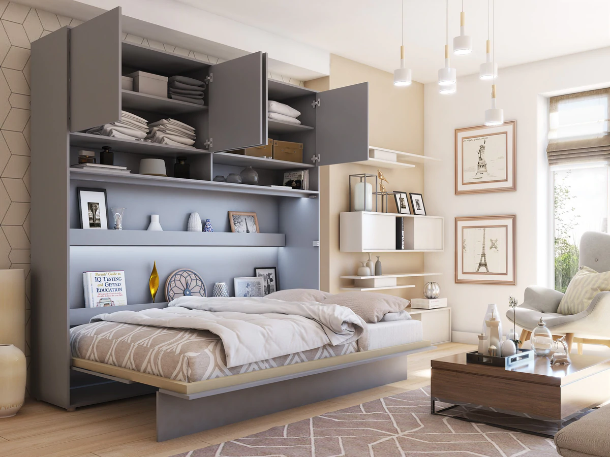 Multifunkčný mobiliár je pre malý byt kľúčový. Výklopná posteľ s úložným priestorom arthauss.co.uk.